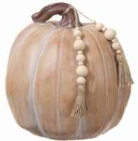 9" Whitewashed Beige Pumpkin With Beaded Tassels Fall and Thanksgiving Decoration