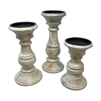 Set of 3 Distressed White and Gold Chapel Pillar Candleholders