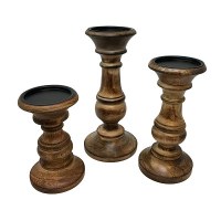 Set of 3 Oak Stained Dodge House Pillar Candle Holders