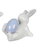 4" White Ceramic Laying Down Bunny Holding a Lavender Egg