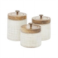 Set of 3 8" Round Distressed White Terracotta Canisters With Wood Lids