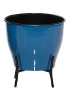 9" Round Dark Blue Metal Enamel Planter With Black Stand