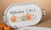 21" Oval White Beaded Rim Welcome Fall Wood Tray With Handles Fall and Thanksgiving Decoration