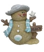 6" White Hat Polyresin Sand Snowman With Starfish and Beach Sign