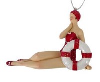 5" Red Vintage Beach Lady Laying With Ring Ornament