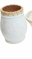 12" Distressed White Ceramic Cane Wrapped Rim Barrel Vase
