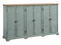 63" Teal Sea Wash Six Shutter Door With Wood Top Credenza