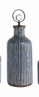 18" Gray Blue Ceramic Fluted Bottle With Bronze and Crystal Top
