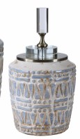 11" Lightly Distressed Cream and Light Blue Ceramic Tribal Pattern Jar With Crystal Lid