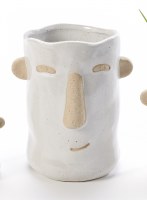 7" White and Natural Ceramic Face Pot