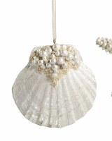 4" White Polyresin Shell With Pearls Ornament