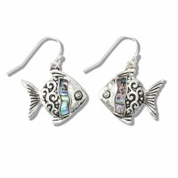 Silver Toned Fish With Abalone Inlay Earrings