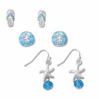 Set of Three Silver Toned Blue Coastal Earrings