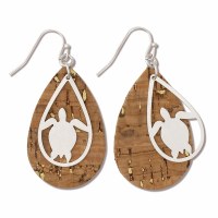 Cork Teardrop With Silver Toned Turtle Cut Out Drop Earrings