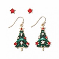 Set of Red Crystal Stud Earrings and Christmas Tree Drop Earrings