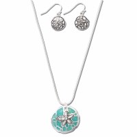 Set of 17" Silver Toned Glitter Turquoise Starfish Pendant Necklace and Earrings