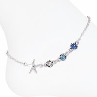 Silver Toned Starfish With Clear, Light Blue and Dark Blue Crystals Anklet