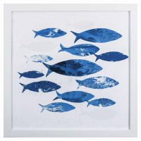 27" Square Blue Fish 1 in White Frame Under Glass