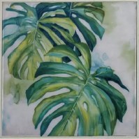 16" Square Monstera Leaf Facing Down Giclee Print in White Frame
