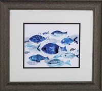 16" x 18" Dark Blue Fish in the Center in Gray Frame Under Glass