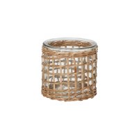 4" Round Rattan Grid Wrapped Glass Votive Candleholder