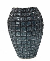 13" Dark Blue Teal Ceramic Squares Vase