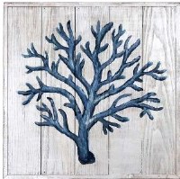16" Square Medium Dark Blue Coral Painted on Wood Wall Art