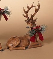 9" Brown Polyresin Resting Deer With Holly Pinecone Bow