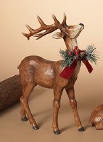 13" Brown Polyresin Deer With Head Up and Holly Pinecone Bow