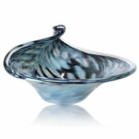 15" Round  Light Blue and Black Art Glass Bowl