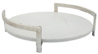 14" Round White Marble Tray With Silver Handles