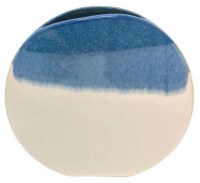 13" Round Blue and White Flat Ceramic Vase