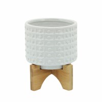6" Round White Ceramic Dotted Pot With Wood Stand