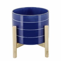 8" Round Dark Blue With White Pinstripes Ceramic Pot With Wood Stand