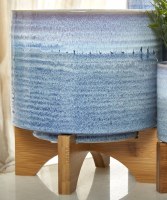 11" Round Blue Ombre Fade Ceramic Pot With Bamboo Wood Stand