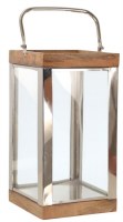 14" Sq Silver and Wood Glass Lantern