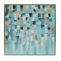 52" Square Blue, Aqua and Gold Squares Geometric Oil Painting Canvas Framed Wall Art