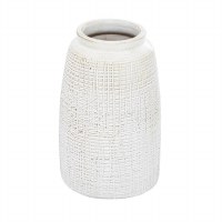 11" Distressed White Ceramic Crosshatch Textured Cylinder Vase