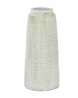 17" Distressed White Ceramic Tall Crosshastch Textured Cylinder Vase