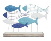 22" Blue, Aqua, and White Metal School of Fish With Wood Base