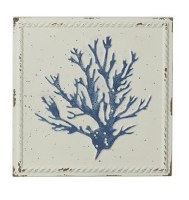 12" Square White and Blue Metal Coral Wall Plaque