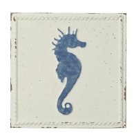 12" Square White and Blue Metal Seahorse Wall Plaque