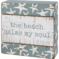 5" Square Aqua and White The Beach Calms My Soul Wood Slat Box Plaque