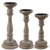 Set of 3 16" Whitewashed Brown Wood With Bead Trim Candle Holders