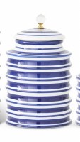 Blue and White Ribbed Ceramic Jar With Crystal Knob Lid