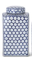 11" White and Blue Ceramic Square Jar With Lid