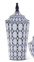 18" Blue and White Ceramic Ornate Oval Print Jar With Lid