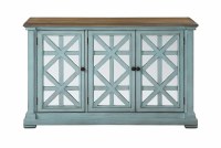 58" Distressed Teal With Brown Wood Top Three Mirrored Door Credenza