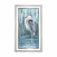 46" x 26" Gray Heron on Blue Background 1 Gel Textured Coastal Print With Gray Frame