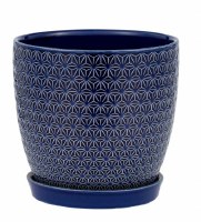 7" Round Dark Blue Ceramic Prism Pot With Saucer